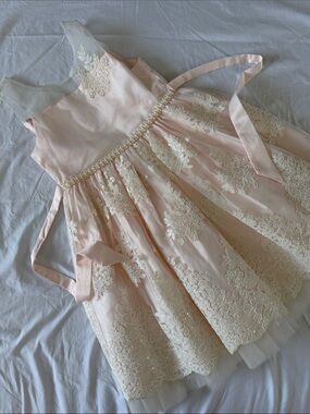 American Princess Blush Pink Lace Tulle Flower Girl Dress with Pearl Belt fancy